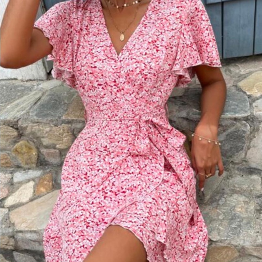 Pink and White Ruffled Wrap Midi Dress